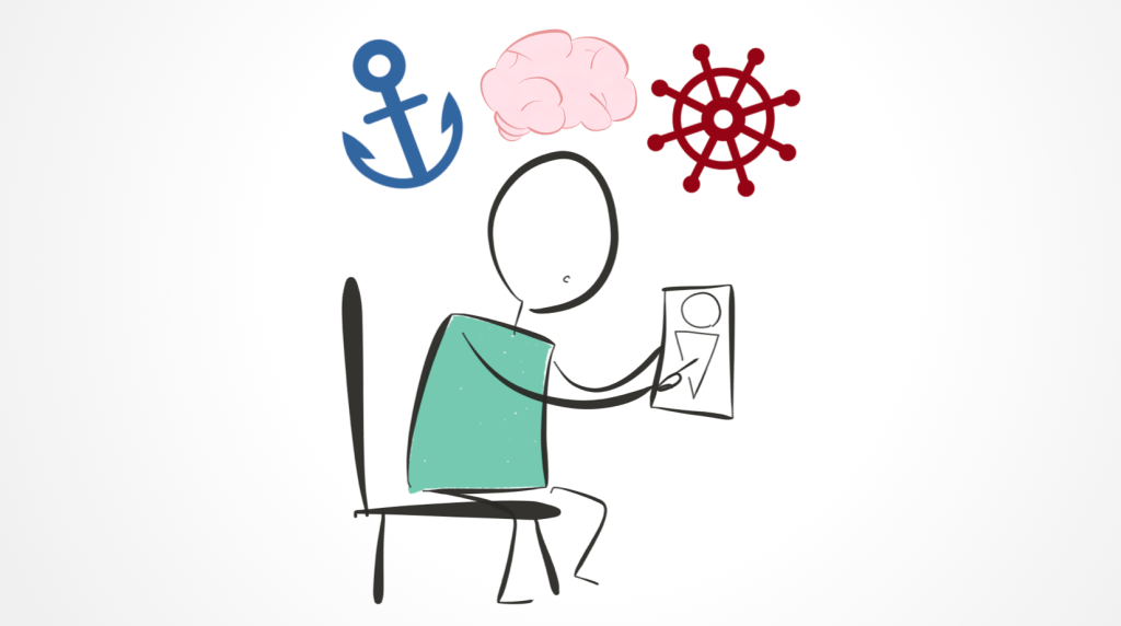 Illustration of a stick figure sitting on a chair holding a piece of paper. Their face looks concerned, and above their head is a brain, a blue anchor and a red ship wheel. 